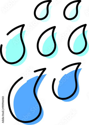 Multiple blue water droplets in minimalist line art style representing rain, moisture, purity and fluid motion on a white background for weather, ecology and design use
