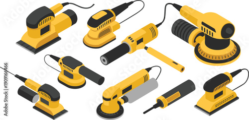 Isometric electric sanders illustration set, power tool collection, workshop surface finishing equipment, professional hardware vector design bundle