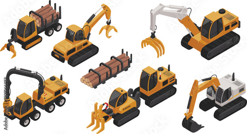 Isometric forestry machinery illustration set, logging equipment collection, excavators loaders timber transport vehicles, industrial vector construction machines