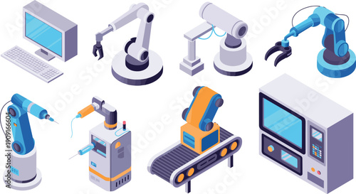Isometric industrial robotics illustration set, automation equipment collection, robotic arms workstation, factory technology vector control system design