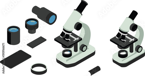 Isometric microscope illustration set, laboratory scientific equipment collection, biology research tools, medical lab instruments, education vector design