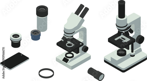 Isometric microscope illustration set, laboratory scientific equipment collection, biology research tools, medical lab instruments, education vector design