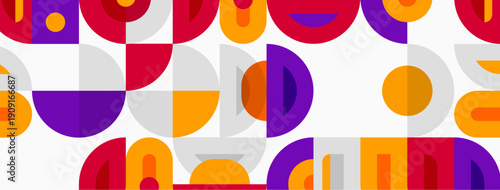 Abstract geometric pattern. Circles, arcs, segments create playful composition. Bright colors dominate white background. Modern design element.