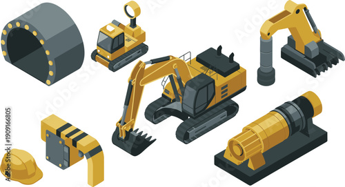 Isometric underground construction machinery illustration set, tunnel excavators equipment collection, industrial mining vehicles engineering vector design bundle