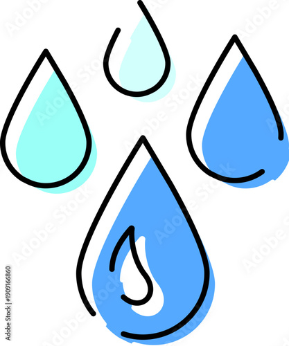 Fresh water drops with blue highlights symbolizing rain, hydration, and fluid elements falling downwards in a simple, hand drawn doodle style on a white background