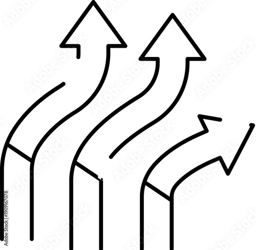Multiple black outline arrows diverging from a single point, illustrating concepts of choice, decision making, different directions, and various options