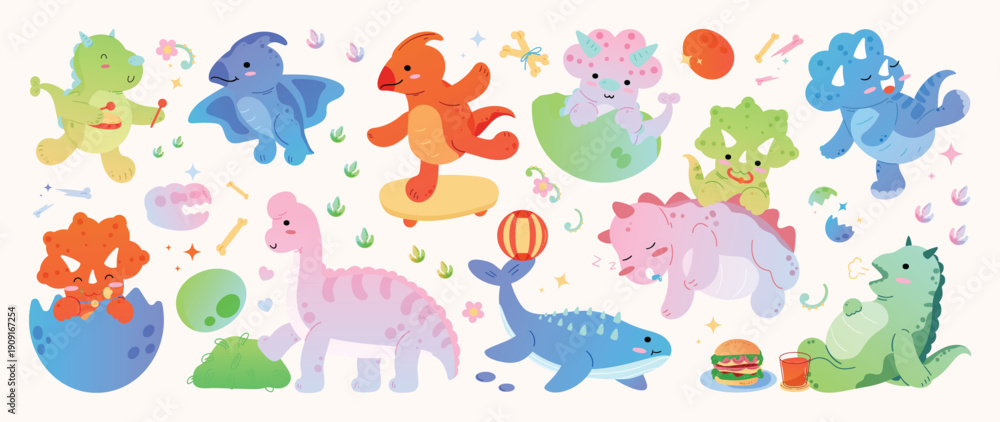 Fototapeta premium Cute dinosaur vector illustration set with eggs, volcano and playful prehistoric animals. Hand drawn cartoon design for kids stickers, posters, classroom materials and decor.
