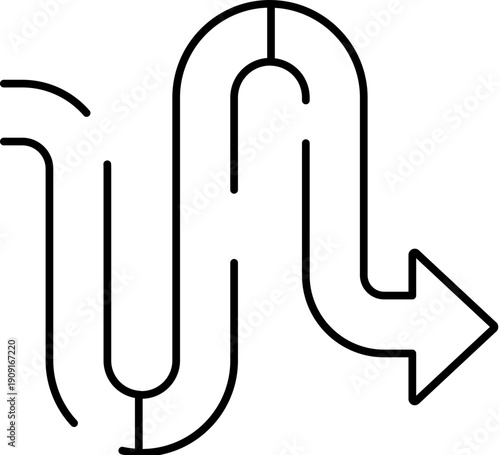 Winding path arrow creating a complex route, illustrating concepts of detour, bypass, solution, challenge, and indirect journey, with an arrow pointing forward
