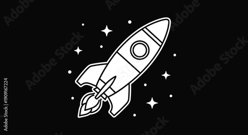 Minimalist Rocket Ship Launching into Starry Space, Vector Illustration