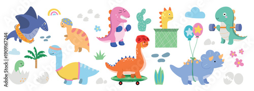Cute dinosaur vector illustration set with balloons, gifts, rainbow, cactus and clouds. Hand drawn cartoon design for birthday cards, stickers, posters and nursery decor.