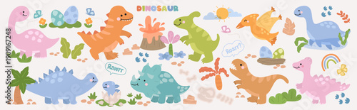 Cute dinosaur vector illustration set with pastel prehistoric animals, leaves and clouds. Hand drawn cartoon design for kids stickers, posters, nursery decor and education.