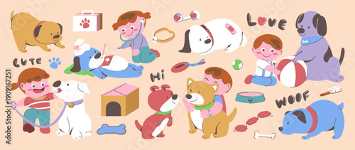Cute pets and kids vector illustration set with children playing with dogs and cats, toys and hearts. Hand drawn cartoon design for daycare posters, stickers, books and ads.