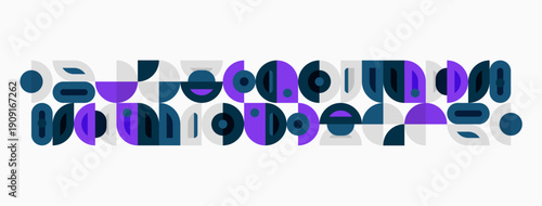 Abstract geometric pattern. Shapes overlap, creating rhythmic visual sequence. Dark blues, purples dominate white background.