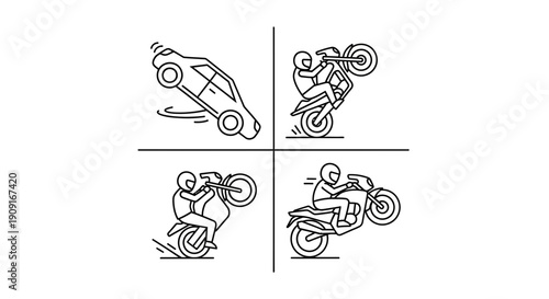 Motorcycle Stunts and Car Drift Icons: Dynamic Action and Extreme Sports