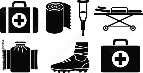 Football injury medical kit icons vector set