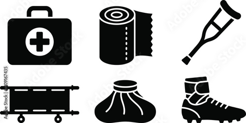 Football injury medical kit icons vector set