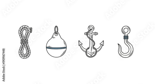 Nautical Icons Set: Anchor, Rope, Buoy, Hook - Marine and Maritime Symbols