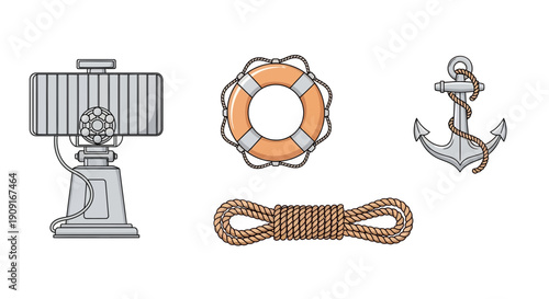 Nautical Maritime Equipment: Anchor, Lifebuoy, Radar, Rope - Vector Set