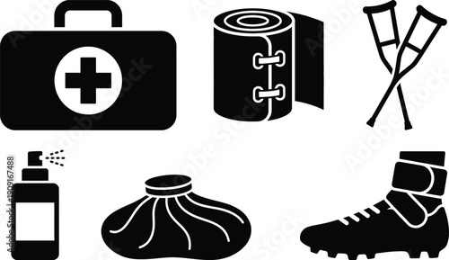 Football injury medical kit icons vector set