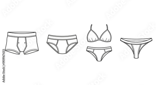 Line Art Collection of Underwear Styles: Boxer Briefs, Briefs, Bikini Set, Thong