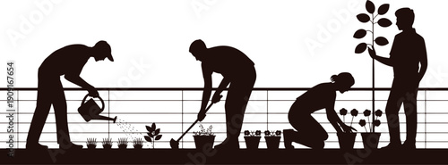 Silhouette of four people gardening on a balcony with plants and pots silhouettes