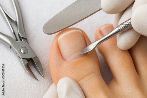 Close-up of a podiatrist giving a pedicure treatment with a nail pusher and clippers to a person's toe for nail care and maintenance with professional tools and gloves.