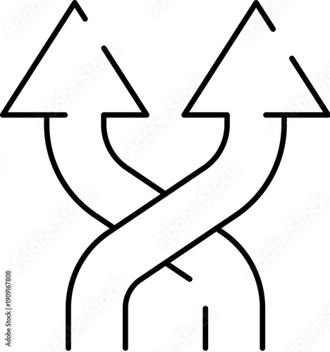 Two overlapping line arrows pointing in opposite directions, symbolizing choices, change, flexibility, different paths, and the concept of decision making