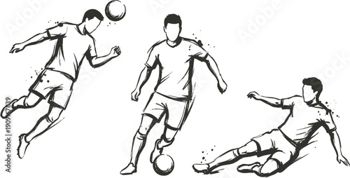 Soccer player silhouettes hand drawn in ink vector style