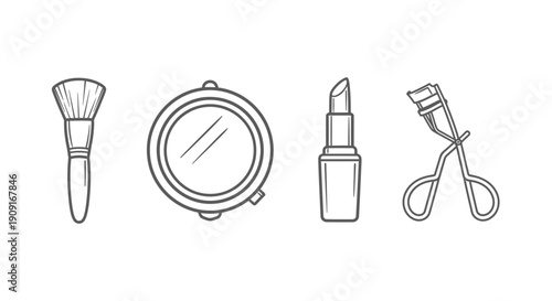 Makeup Icons: Brush, Mirror, Lipstick, Eyelash Curler - Beauty Essentials Line Art