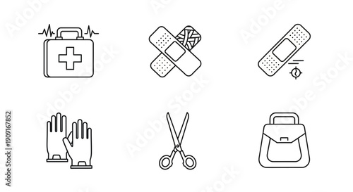 Medical First Aid Kit Icons: Cross, Bandages, Gloves, Scissors, Bag, Heartbeat
