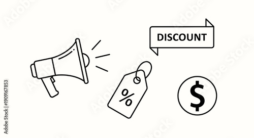 Megaphone, Discount Tag, and Dollar Sign Icons - Business Promotion and Sale Concept