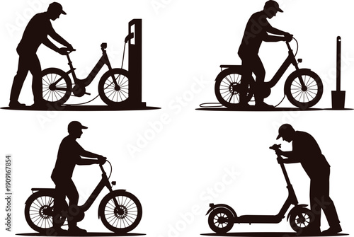 Silhouettes of people charging and riding electric bicycles and scooters
