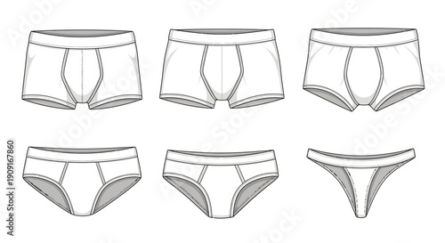 Men's and Women's Underwear Fashion Flat Sketches: Boxer Briefs, Briefs, Thong