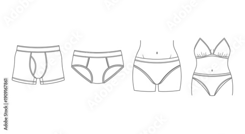 Men's and Women's Underwear Types Comparison, Line Art Sketches