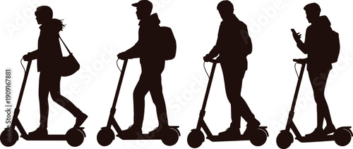 Four people riding electric scooters in silhouette silhouettes black white background