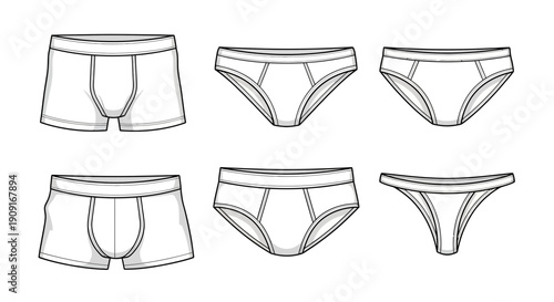 Mens Underwear Styles: Boxer Briefs, Briefs, and Thong - Line Art Fashion Illustration