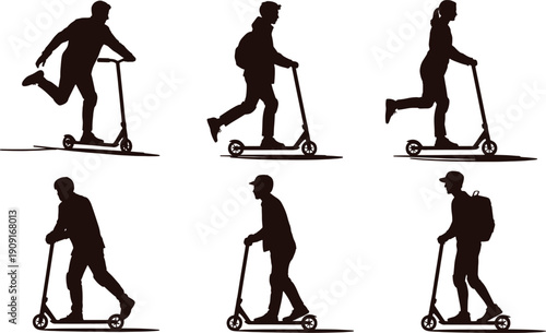 Six black silhouettes of people riding scooters in various poses on white background