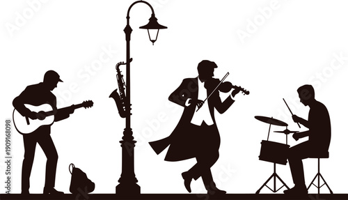 Silhouette of musicians playing guitar violin and drums on street lamp