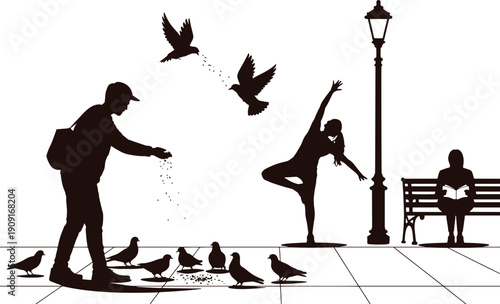 Man feeding pigeons on sidewalk with woman dancing and person reading on bench birds
