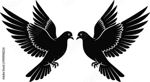 Elegant Black and White Vector Illustration of Two Flying Doves Facing Each Other for Peace Spirituality Wedding Celebration and Romantic Love Bird Design