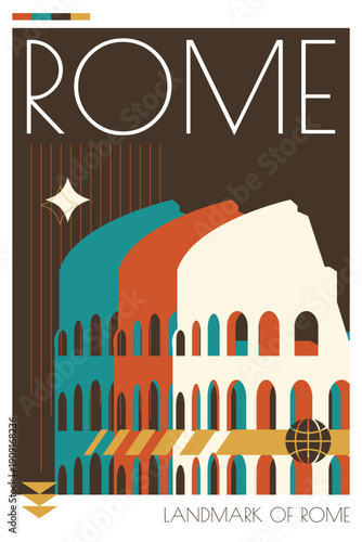 Rome landmark poster in retro futurism style. Vintage printable vector cover, postcard, illustration. Futuristic, halftone Italy city art with monument, tower