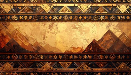 Intricate geometric ethnic patterns adorn the top and bottom borders of this warm, earthy-toned digital illustration, framing a stylized, textured mountain range against an abstract background.