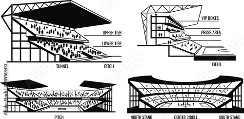 Soccer stadium cross section diagram with seating and pitch