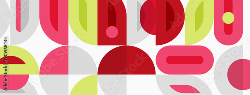 Abstract pattern features overlapping shapes. Red, yellow, gray, pale green create playful composition. Simple geometry dominates design.