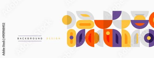 Geometric shapes create vibrant pattern. Orange, purple, yellow hues dominate design. Minimalist style suits backgrounds, branding.