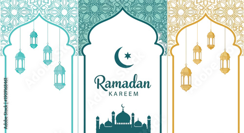 Ramadan kareem greeting card with lanterns and mosque silhouette