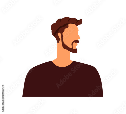 Man face in profile, looking aside with head turned sideways. Young male character with beard, mustache, facial hair, casual apparel, side view. Flat vector illustration isolated on white background