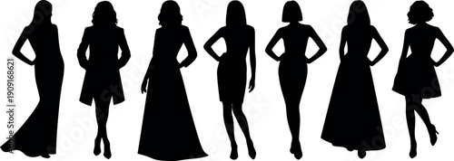 Collection of female silhouettes in various fashionable dresses and outfits isolated on transparent background