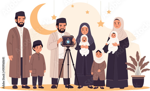 Family of six with camera and baby on crescent moon background
