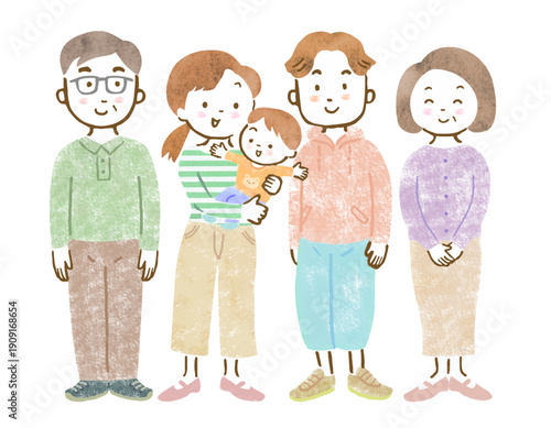 三世代家族のイラスト/赤ちゃんを抱っこするママとパパと祖父母